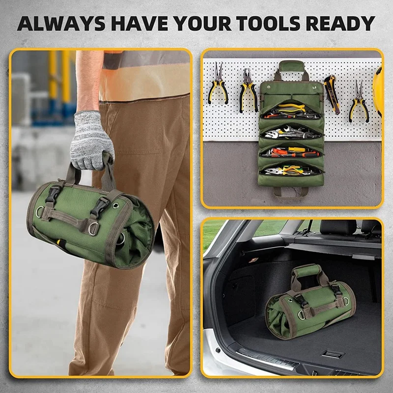 Tool Bag Roll Up Portable Tool Storage With 2 Removable Zipper Pockets
