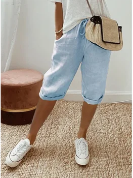 2024 Summer Middle Pants Women's Solid Color Pocket Elastic Shorts Casual Fashion Sports Shorts Cotton Beach Shorts 1