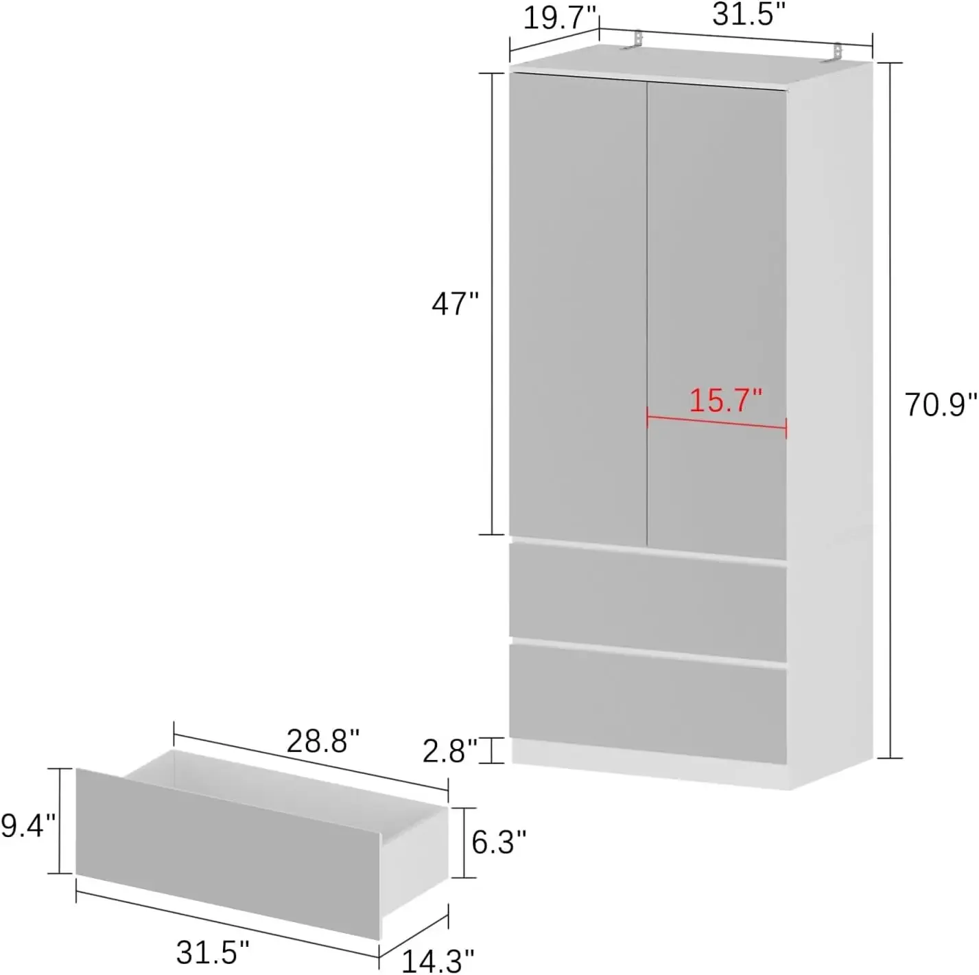 NEW-Wardrobe with Mirror Doors, White Bedroom Armoire with 2 Drawers, Hanging Rod, Mirrored Closet Modern Clothes Storage Cabine