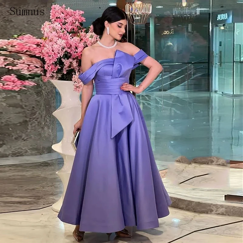 

Sumnus Purple Elegant Off The Shoulder Prom Dresses 2022 Stain Strapless Formal Evening Dresses Tea Length Vestidos De Gala