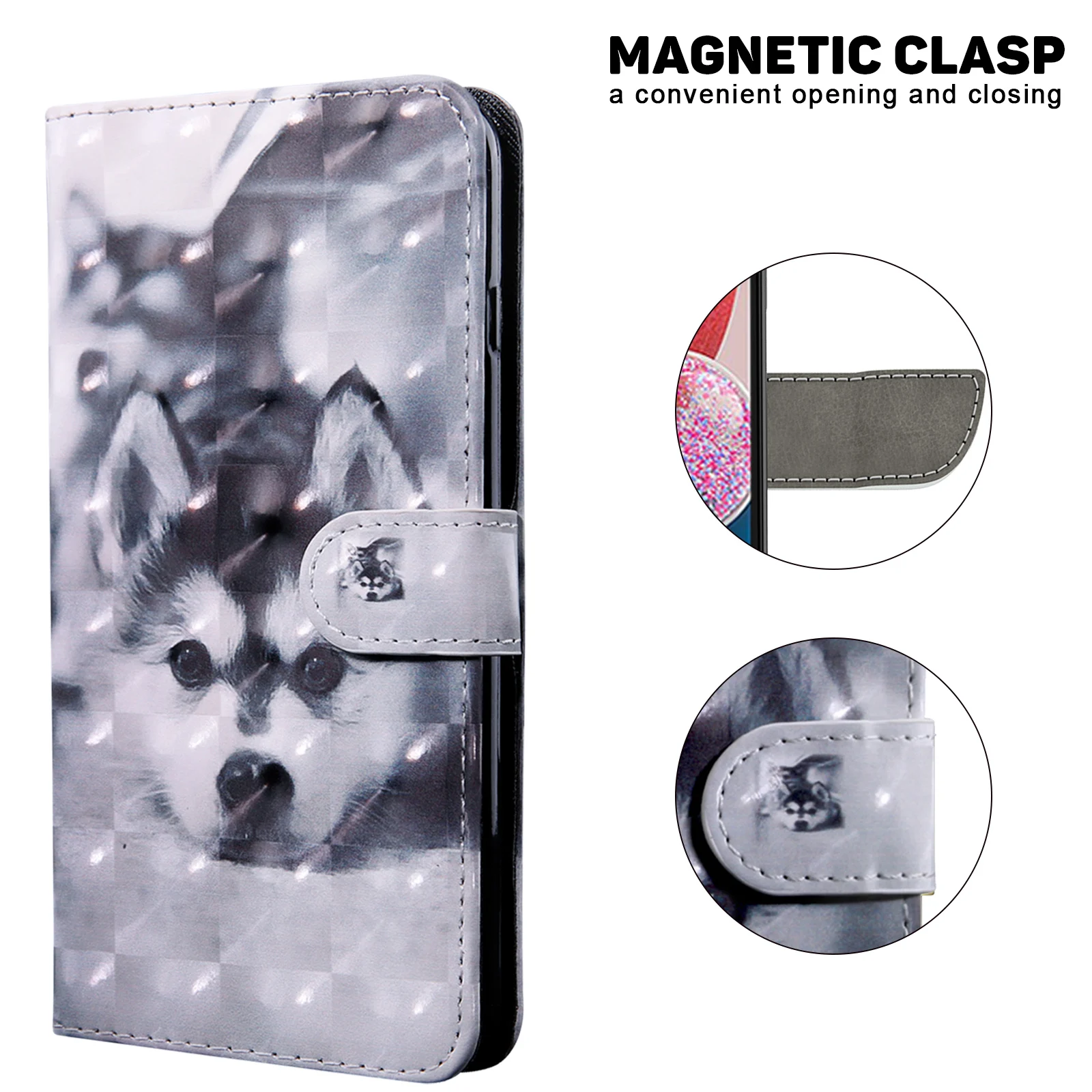 3D Cat and Dog Flower Magnetic Flip Leather Phone Case