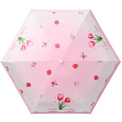 Compact Foldable Umbrella with Heart - Shaped Handle - Fruit Pattern Design, UV Protection (Pink)