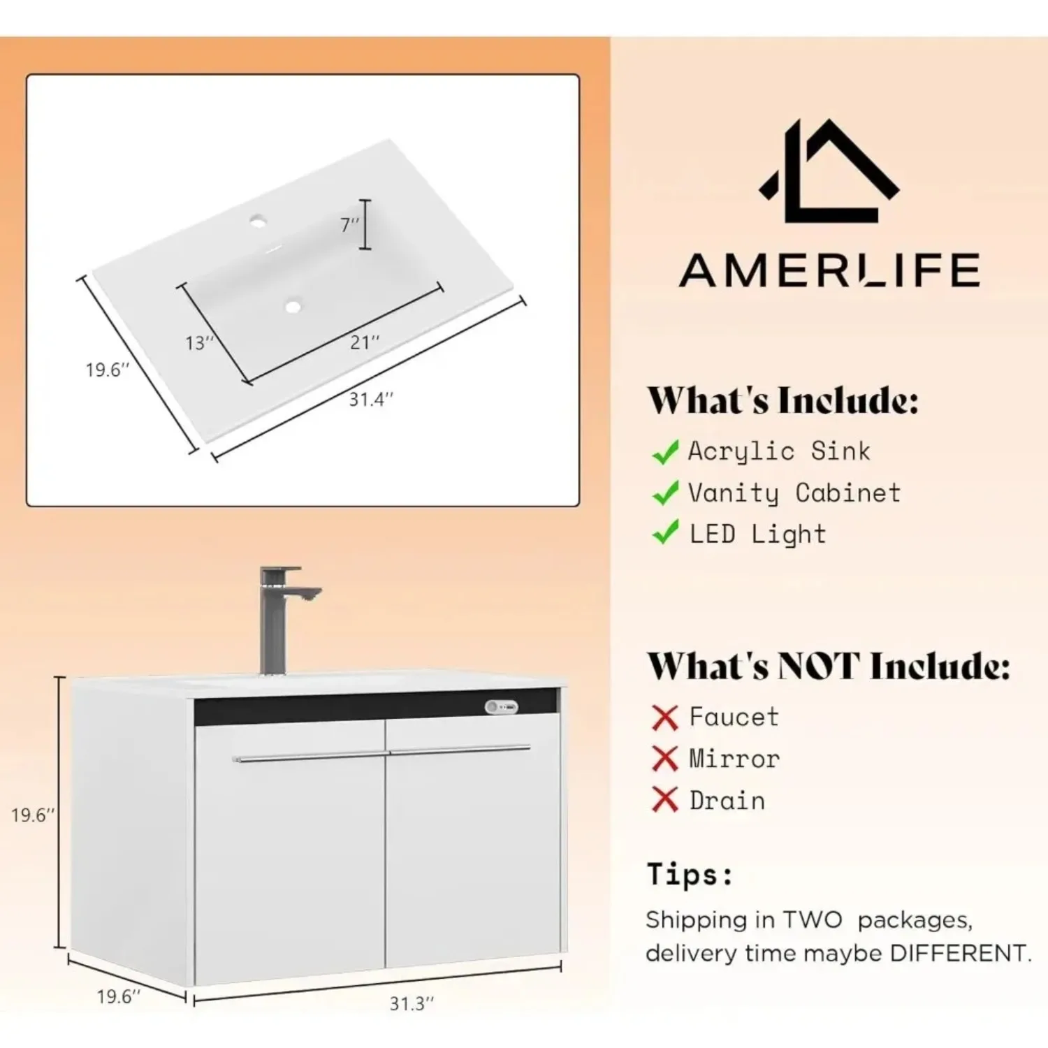 31"LED Floating Bathroom Vanity with Sink High Gloss Single Sink Wall Mounted Bathroom Storage Vanity Cabinet with Metal Handles