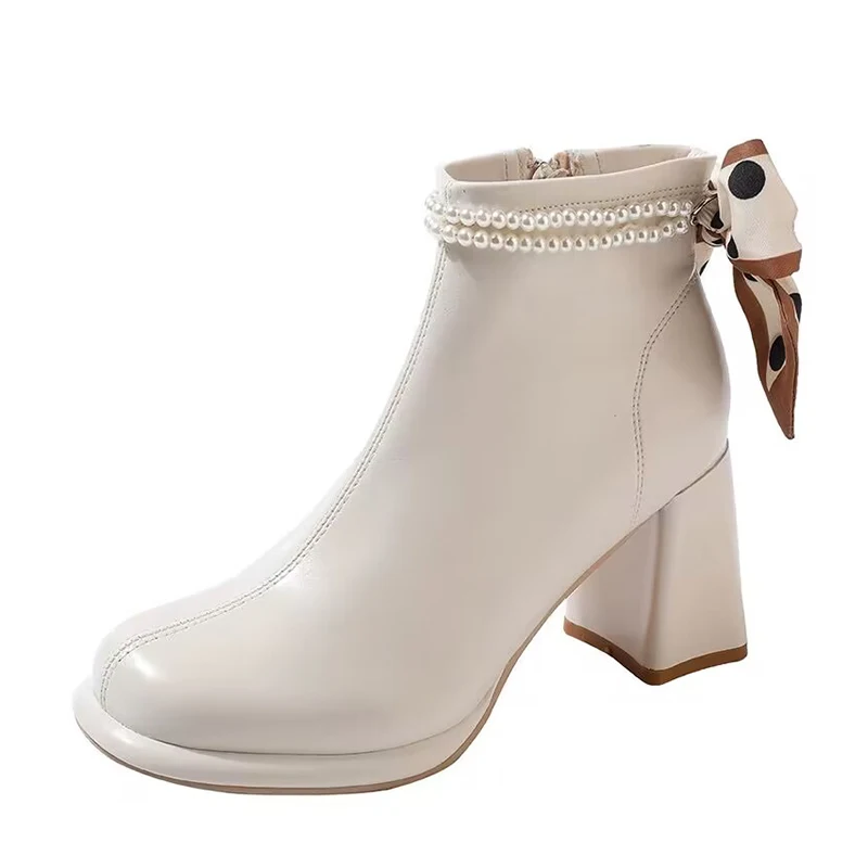 Pearl with Thick Heel Mary Jane Shoes Spring Autumn 2024 New Square Toe High-heeled Shoes Women Platform Heels Bling Shoes 40