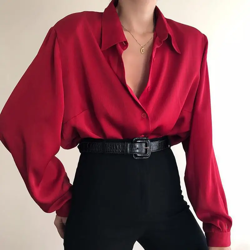 

Women Button Blouses Turn Down Collar Shirts Office Lady Long Sleeve Casual Blouse Loose OL Shirt Baggy Tops Red/Wine Red /Black