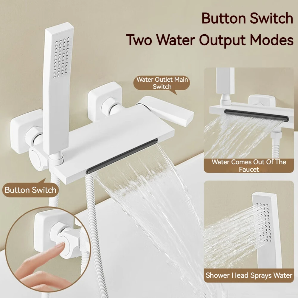 White Grey Bathroom Waterfall Bathtub Faucets With Hand-held Shower Wall Mounted Hot and Cold Mixer Tap Shower Set Single Handle 3