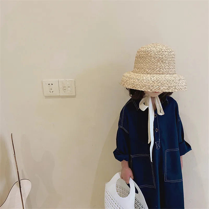 12-hh6008 ins chic farmhouse style SUMMER LONG RIBBON kids HANDMADE RAFFIA grass head size cap children leisure hat