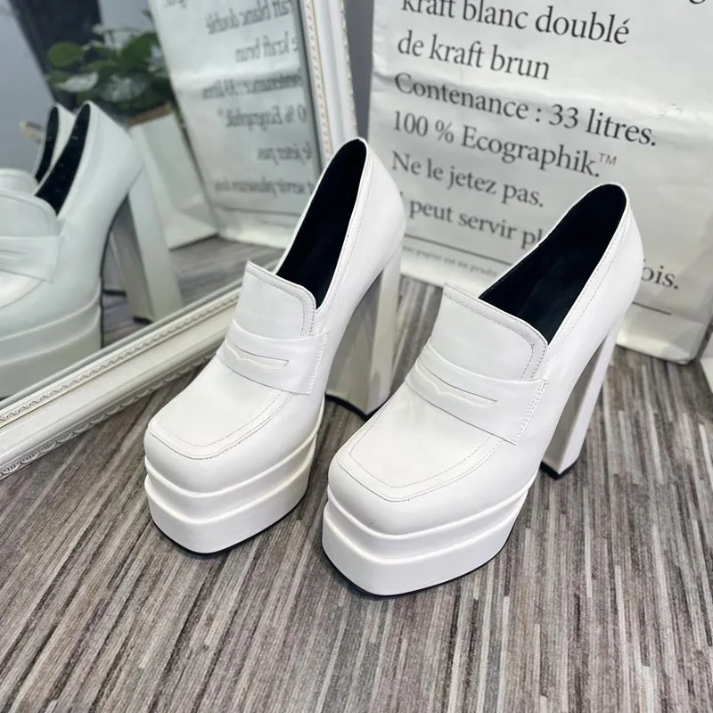 High Heel Platform Pumps For Women 2022 New Spring Solid Color PU Leather Square Toe Oversize Female Shoes With Rivet Decoration