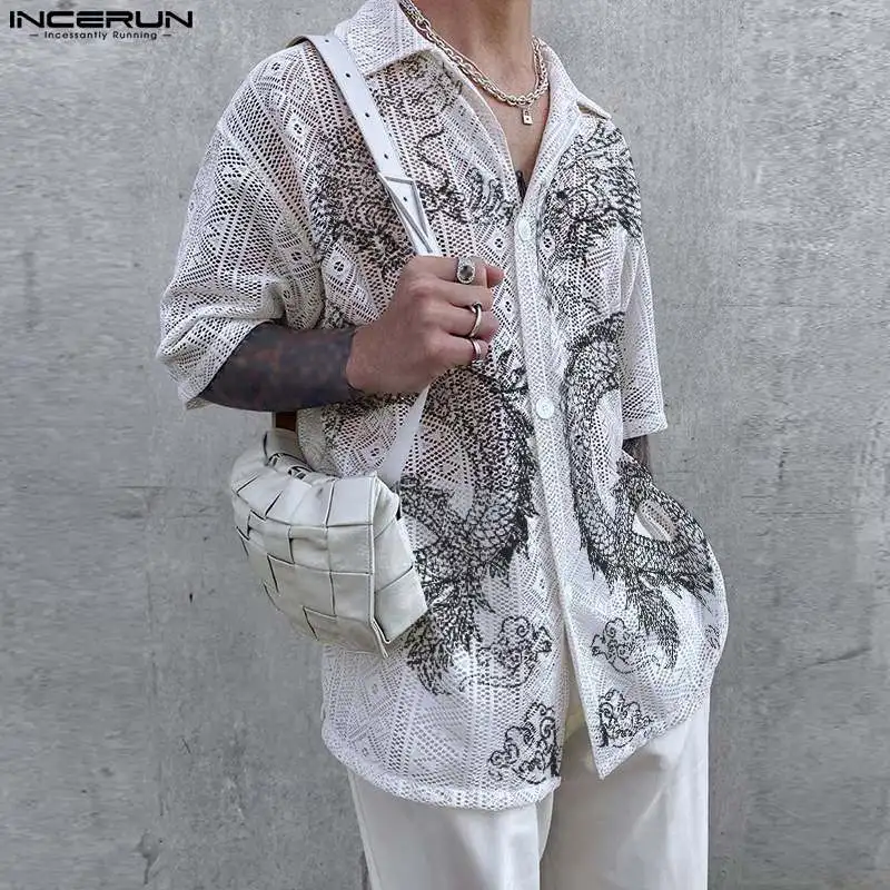 

Casual Fashion Style Tops INCERUN New Mens Dragon Pattern Printed Short Sleeve Shirts Stylish Male Hot Selling Blouse S-5XL 2023