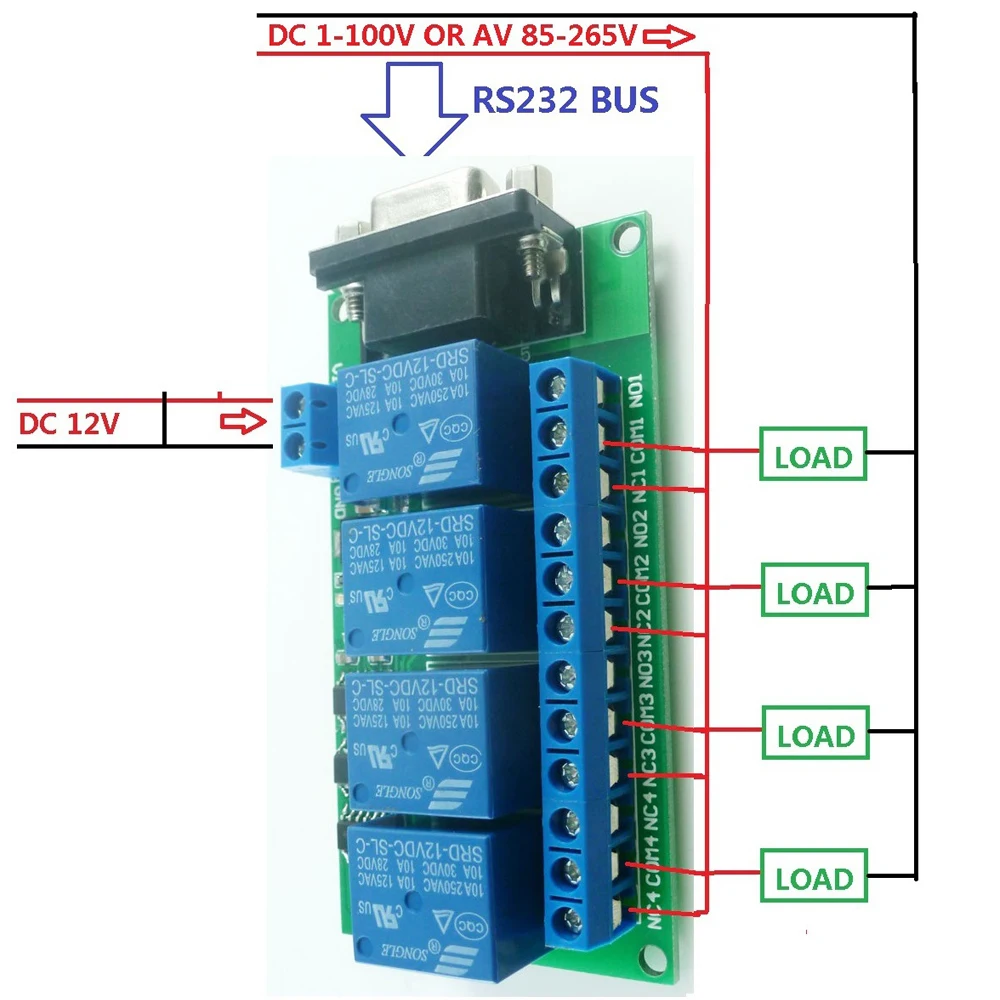 

4-channel DB9 Interface RS232 Relay Board PC USB UART Module Serial Port Remote Control Switch for Motor Garage