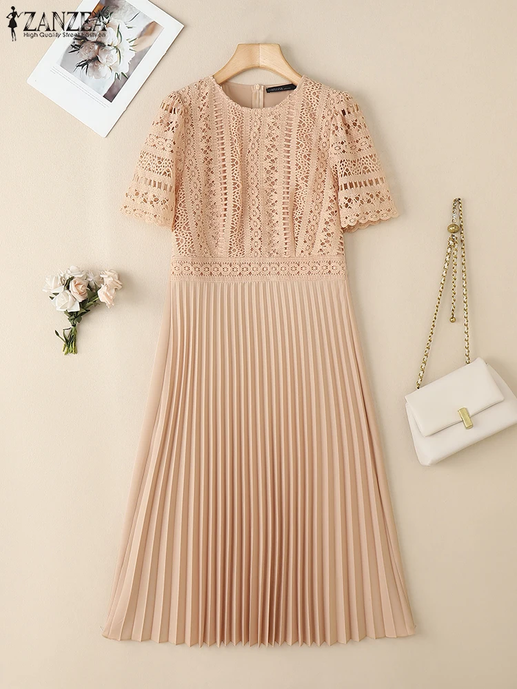 ZANZEA Elegant Summer Short Sleeve Pleated Party Sundress Fashion Women Lace Patchwork Dresses 2025 Stylish Work OL Vestidos 4