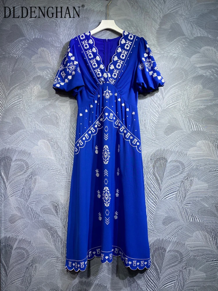 

Платье DLDENGHAN женское с V-образным вырезом, длинное винтажное модное дизайнерское платье с рукавами-фонариками и вышивкой, с завышенной талией, весна-лето