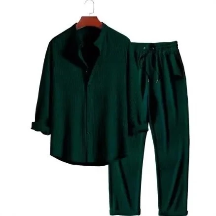 Two Pieces Single Breasted Shirts Men Sets Blouses Solid Drawstring Straight Ankle Length Pants Casual Sports Loose Pockets