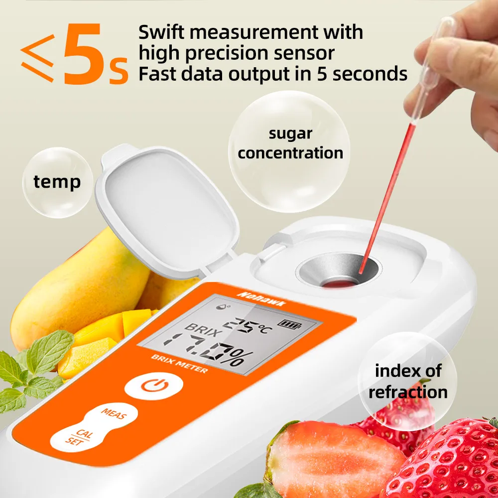 Digital Brix Refractometer Range 0-55%,±0.2% Precision Auto Temperature Compensa