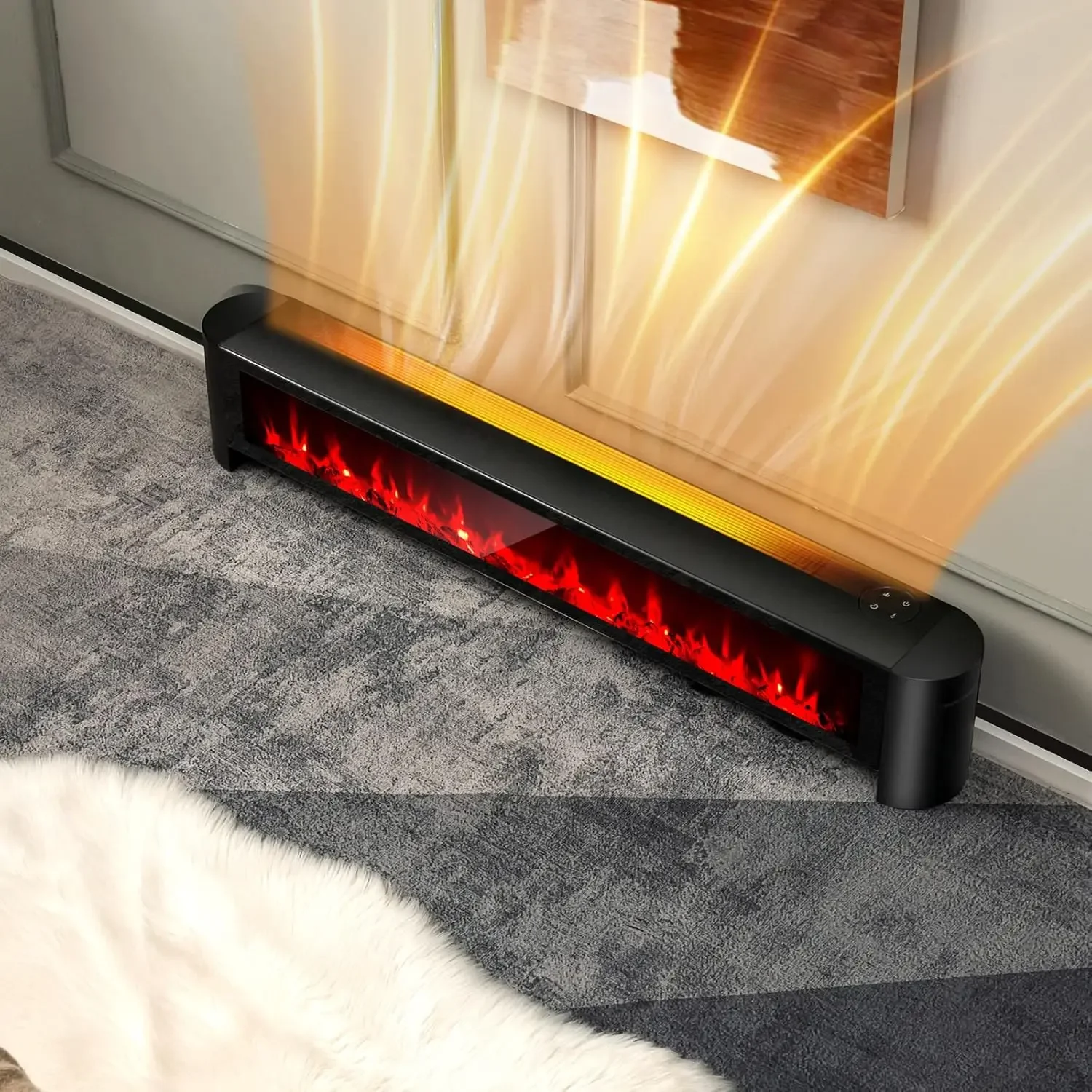1400W Baseboard Heater, Electric Baseboard Heater with Remote, 6 Adjustable Realistic 3D Flame, Thermostat, Overheat Pr