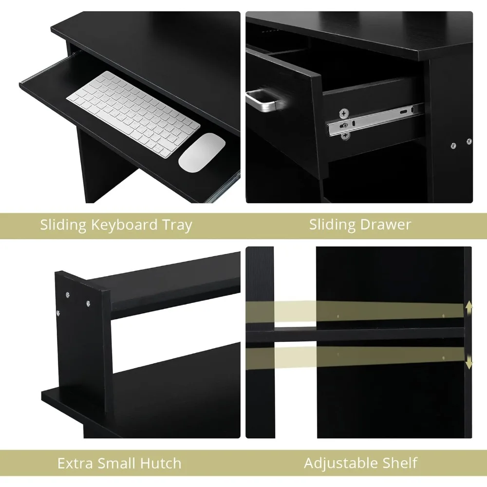 "elegant wooden home office desk with drawer, shelf, and keyboard tray for pc and laptop, black"