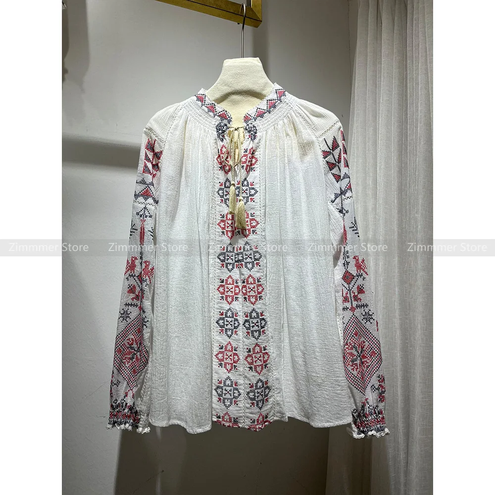 

Высококачественная нишевая блузка во французском богемном стиле с геометрической вышивкой и V-образным вырезом, блузка с бахромой и завязкой