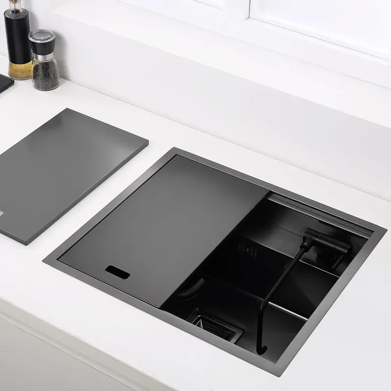 Hidden Black Kitchen Sink Bowl Bar Stainless Steel Balcony Sink Concealed Black Bar Sink with Clean Water Tap