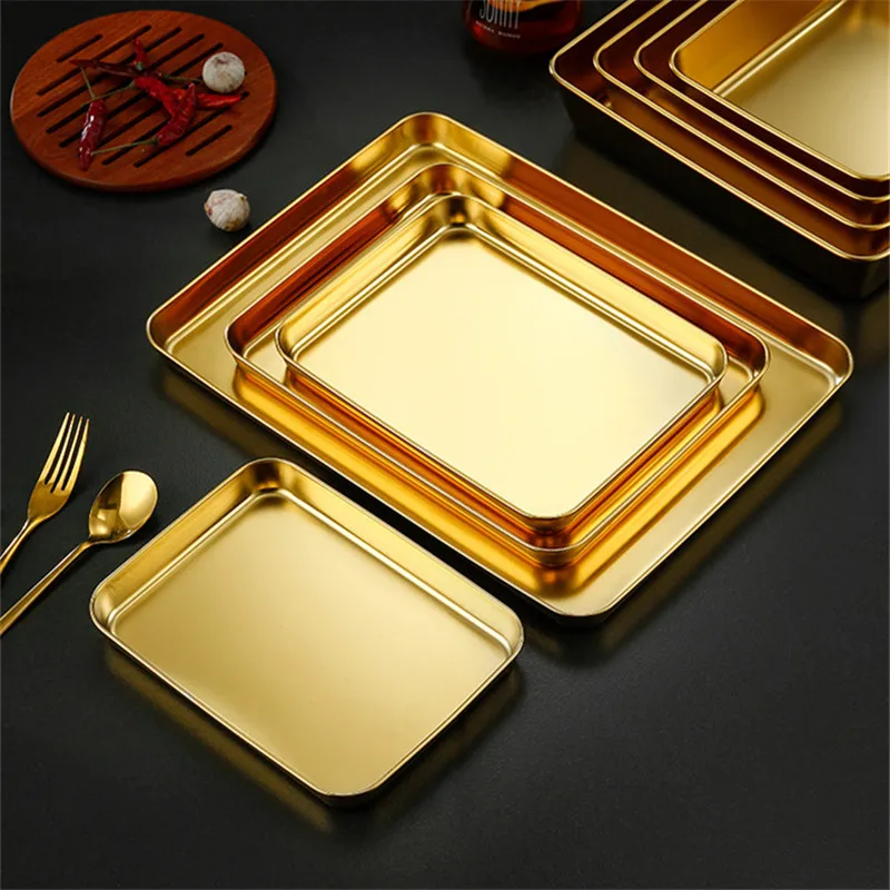 Golden Kitchen Stainless Steel Food Storage Trays Rectangle Fruits Barbecue Dish Serving Plate  Baking Pan Organizer Container 3