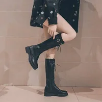 Shoes for Women Black Middle Heel Footwear Winter Knee High Shaft Long Ladies Boots with Laces Lace-up on Promotion New Rock Pu - Image 2