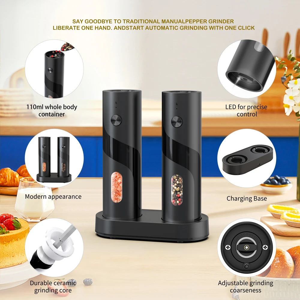 2PCS Electric Salt And Pepper Grinder Rechargeable Spice Grinders Set 110ml Capacity Automatic Pepper Mills With Charging Base 5