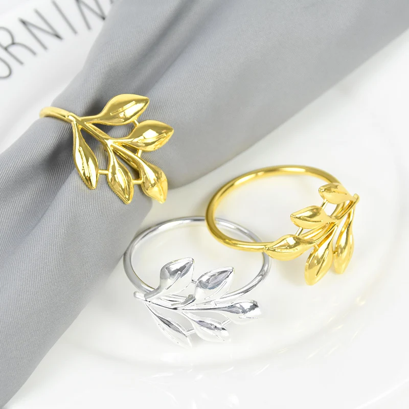 

3Pcs Leaves Napkin Ring Gold Silver Metal Napkin Buckles Christmas Wedding Party Round Napkin Holder Dinner Table Decorations