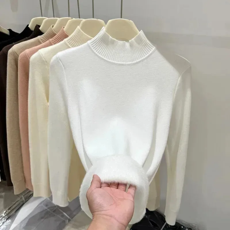 Autumn and Winter Integrated Velvet Semi-turtleneck Women's Long-sleeved Sweater Fashion Elegant Slim-fit Solid-color Knitwear