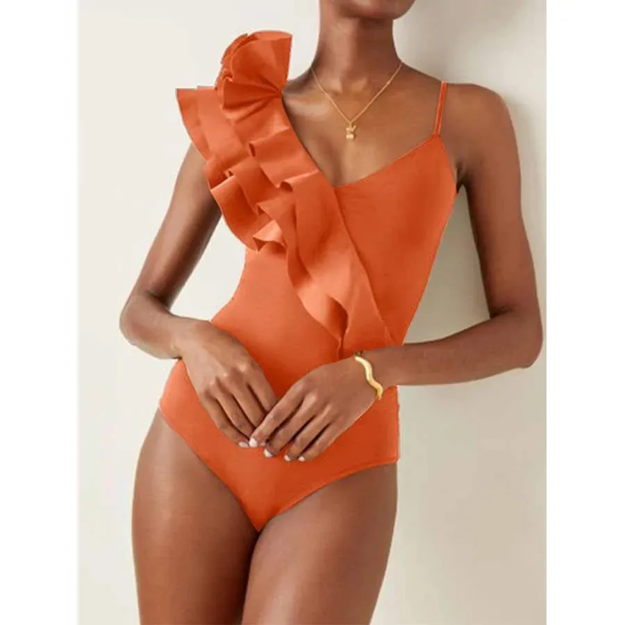 New Women V-Neck Cutout Bikini One-Piece Swimsuit Solid Color Waist-belted Ruffled Swimwear Beachwear Bathing Suits