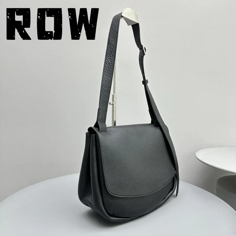 R0W 2023 여성용 블랙 대각선 스트래들 숄더백, 마그네틱 버클 디자인 소가죽 우체부 가방