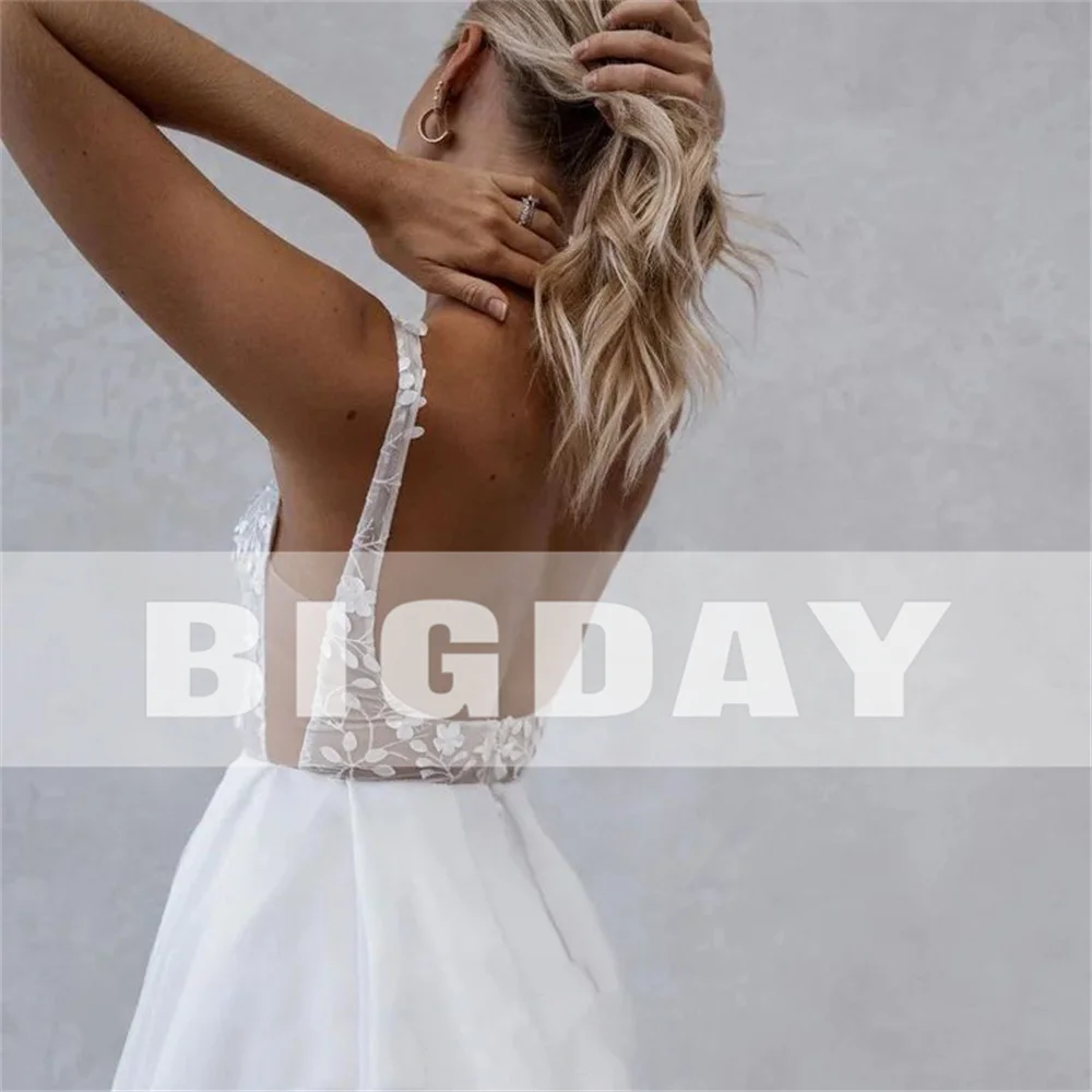 A-Line Wedding Dress Women Lace Open Back Square Collar Spaghetti Straps Split Bridal Gown Train Vestidos De Noiva Customized 2