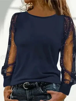 Ladies' elegant plus size T-shirt solid color casual round neck long sleeved plus size sequin details 1