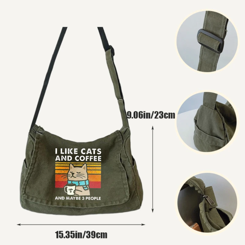 Vintage Women's Bag Large Capacity Shoulder Bag With Playful Cat Print Messenger Bag Multiple Pockets Flap Bag Unisex Travel