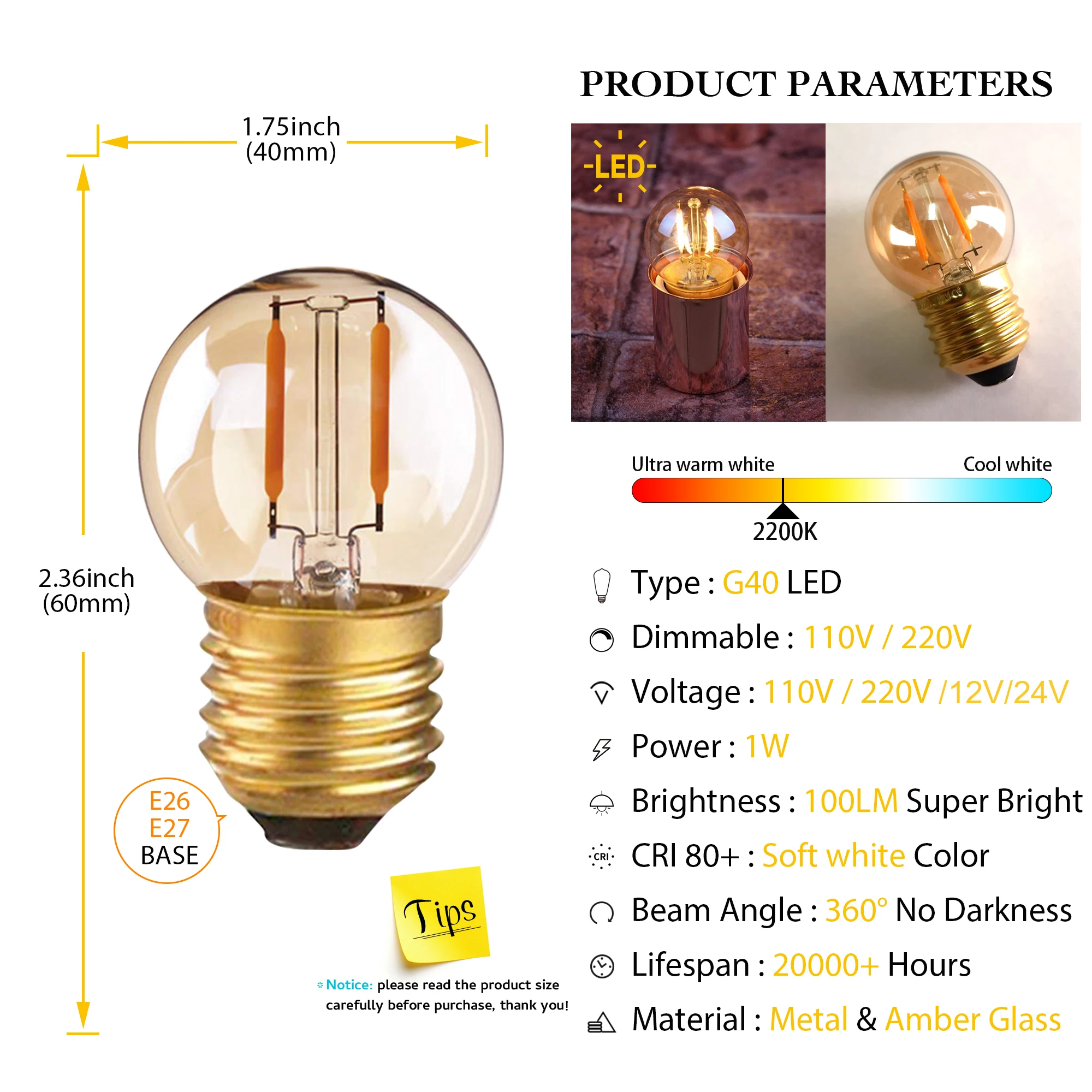 G40 LED Filament Mini Globe Ampoule E27 1W Extérieure Chaud Blanc