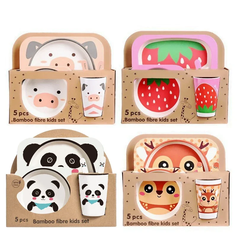 

Kids Lunch Box Bamboo Fiber Children's Tableware Set Creative Cartoon Bowl Split Dining Plate Spoon Fork Cup 5PCS Set Tableware