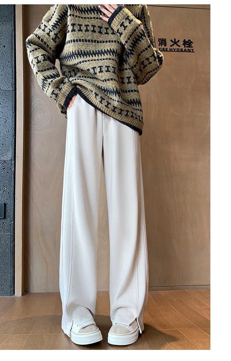 High Street Casual Gerade Lose Chic Split Frauen Hosen Herbst Winter Klassische Feste Farbe Mode Einfache Weibliche Breite Bein Hosen – Detail 6