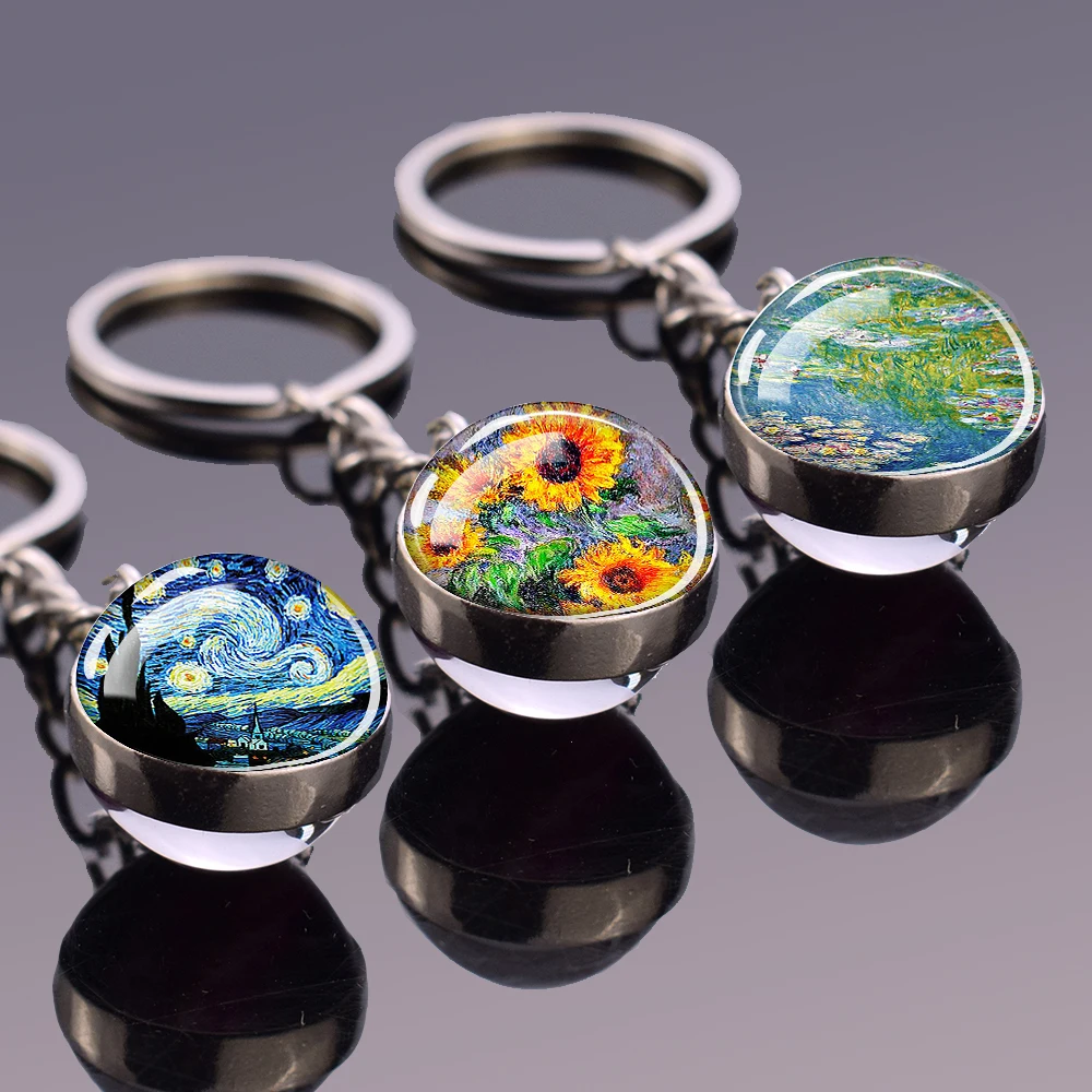 Van Gogh Art Oil Painting Keychains The Starry Night Sunflower Double