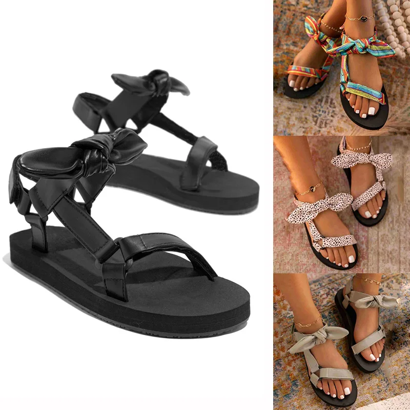 

QIWN Sandals Color Flat Casual Lace a1 Up Bow Shoes for Ladies Fashion