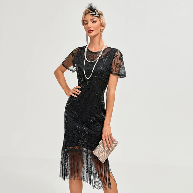 1920s Flapper Dress Plus Size S-4XL Women\'s Fashion Vintage Great Gatsby Color Sequin Tassel 20s Party Dress Women Mesh Costume
