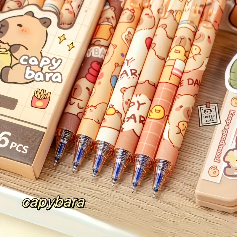 6pcs Capybara-Themed Erasable Pens And Stickers for Decoration,Featuring a 0.5Mm Fine Tip, Quick-Drying Ink, Retractable Design