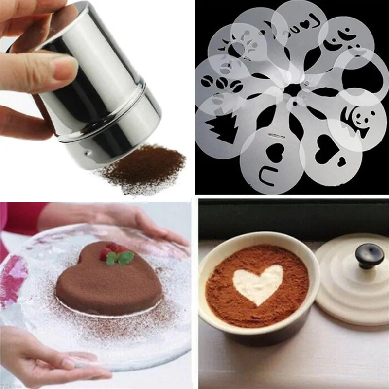 Coffee Shaker Stainless Steel Chocolate Shaker + 16Pcs Coffee Stencils Template