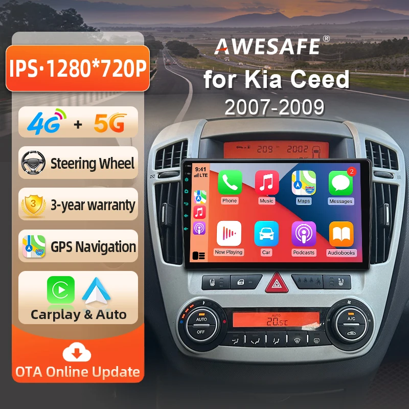 AWESAFE Radio Android de 9 pulgadas para KIA CEED 2007-2012, CarPlay inalámbrico y Android Auto, navegación GPS, soporte multimedia, control del volante, amplificador de subwoofer, cámara trasera, Plug and Play, DAB+, autoradio digital, radio de coche 2 DIN, estéreo, RDS, DSP, FM, WIFI, 4G, BT 1