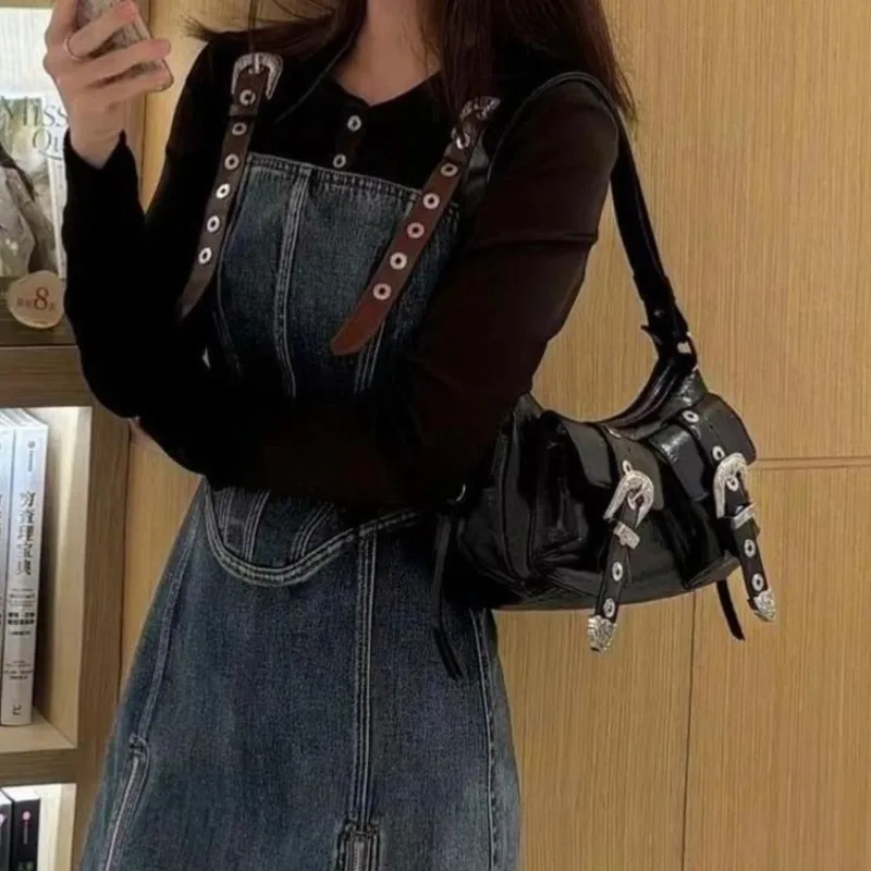 Sweet Cool Hot Girl Black Handbag Women Leather Buckle Large Capacity Underarm Bag Ladies Fashion Premium Y2k Shoulder Bags 2025