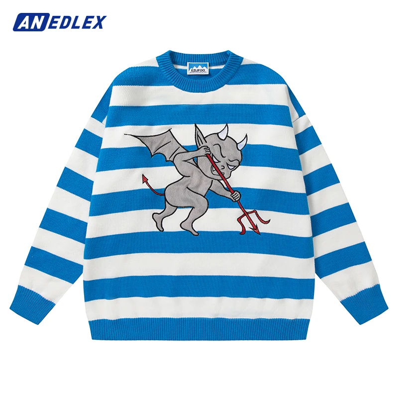 

Hip Hop Fashion Striped Sweater Streetwear Little Devil Graphic Embroidery Knitted Sweater Men Autumn Casual Cotton Pullover