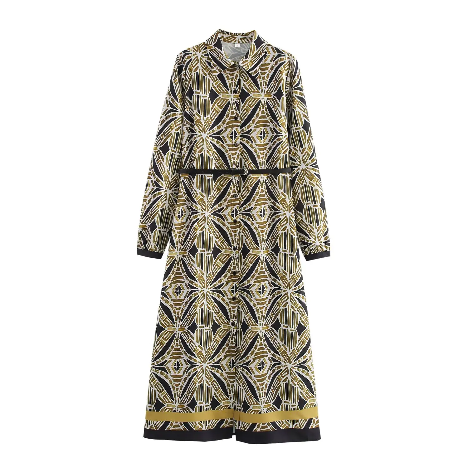 Elegant Geometric Print Midi Dress with Belt - Women's Long Sleeve A-Line Dress