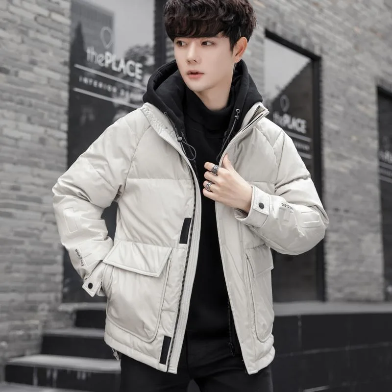 

2023 New Men Down Cotton Coat Winter Jacket False Two Pieces Short Loose Parkas Thicken Warm Outwear Hooded Trend Overcoat