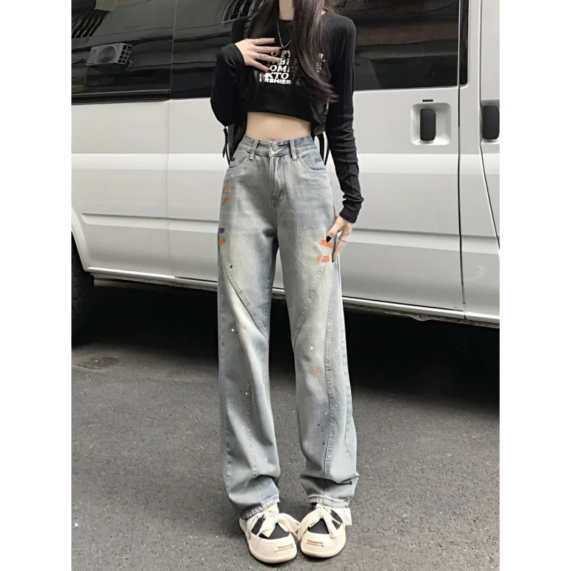 

Streetwear Vintage Jeans High Waisted Retro Blue Y2k Fashion Splash Ink Trousers For Women Summer Korean Style Denim Long Pants