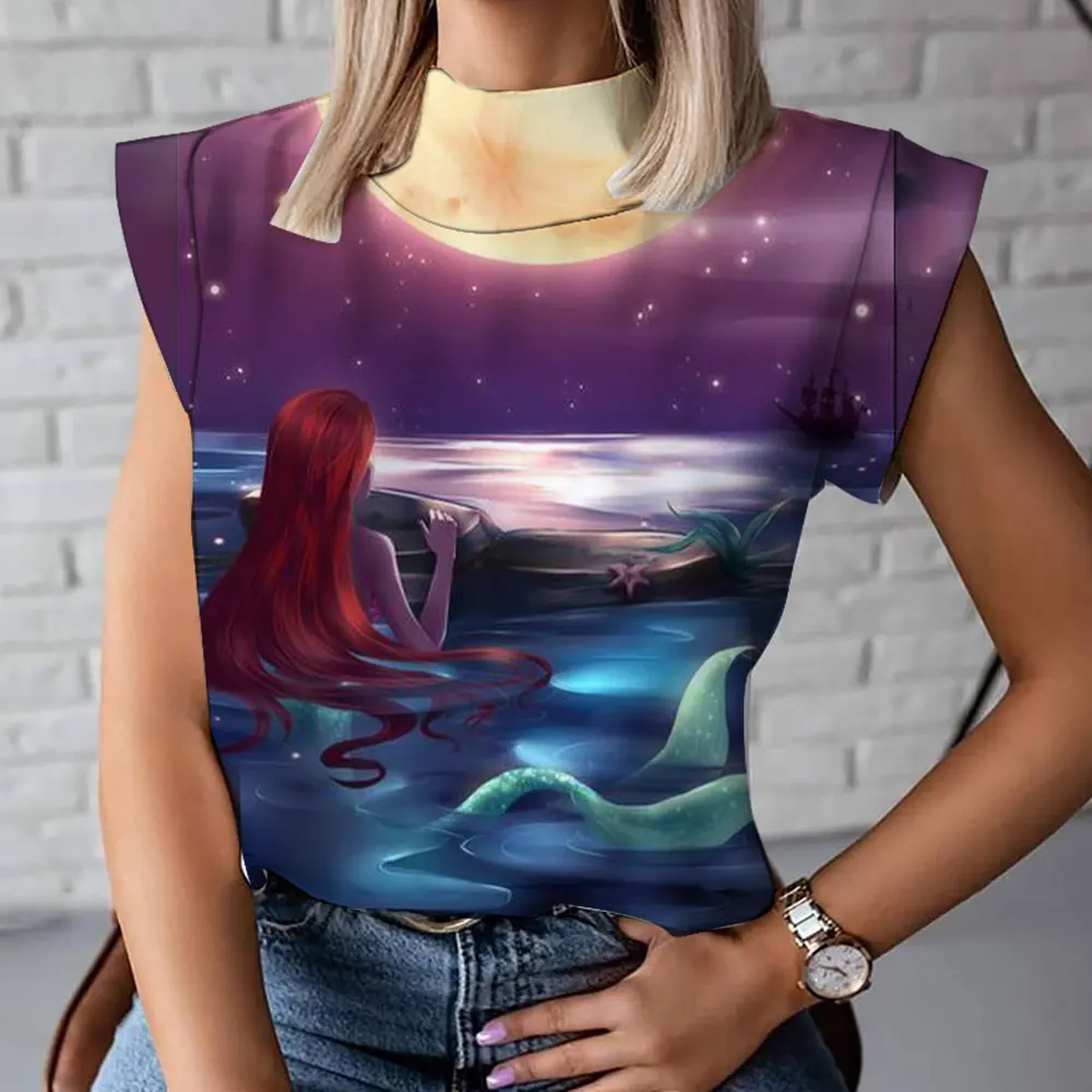 

2023 New Harajuku Casual Versatile Ariel Mermaid Cartoon Print Summer Women's High-end High-Neck T-Shirt Vest Bottoming Shirt