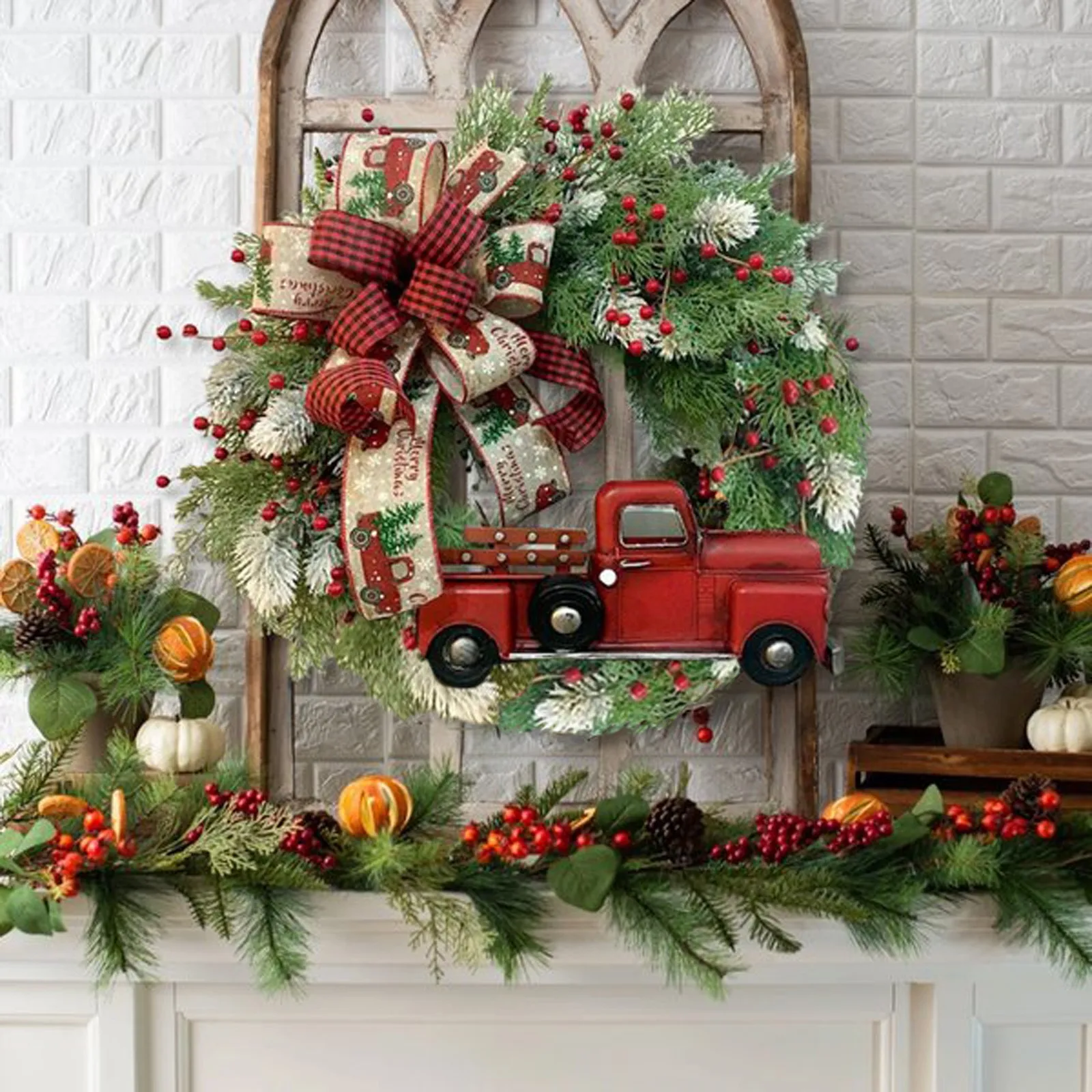 

Christmas Wreath Artificial Plant Rattan all Wreath for Front Door Red Truck Rustic Garland For Thanksgiving Xmas Hanging Decor