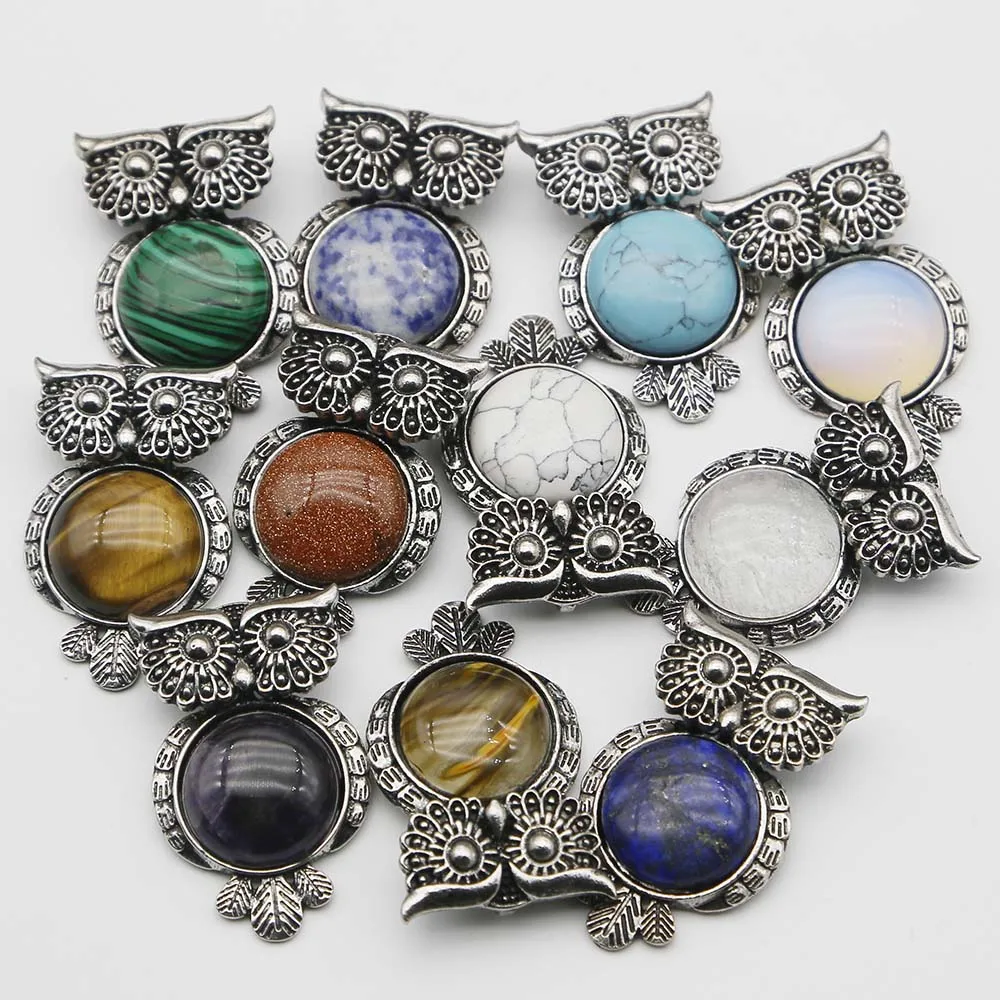 New Natural Semi Precious Stone Vintage Copper Plated Owl Cute Onyx Opal Pendant Charm Fashion DIY Jewelry Making Wholesale12Pcs