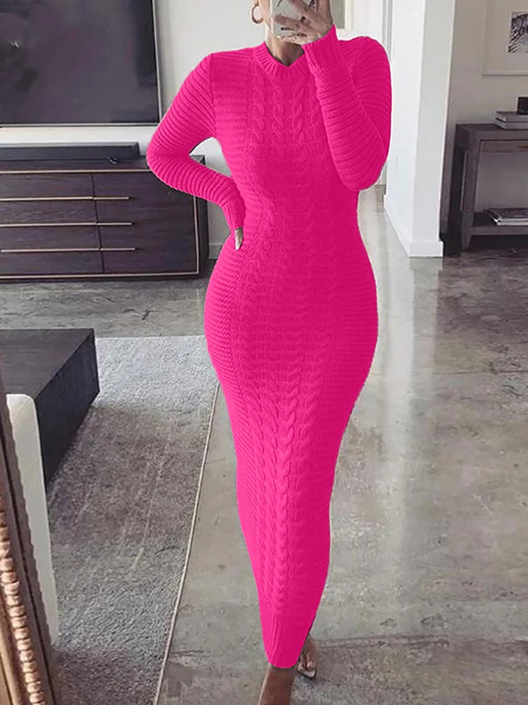 

Women Slim Fit Knit Patchwork Solid Dress Sexy Female Tight Autumn Winter Party Dress Round Neck Elastic Long Sleeve Maxi Dress